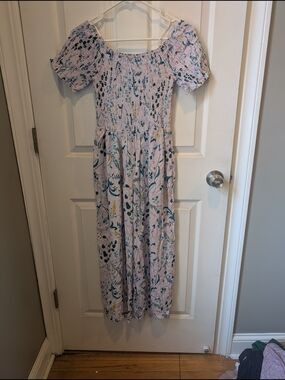 For The Republic Lavender Floral Smocked Jumpsuit with Teal & Yellow Accents